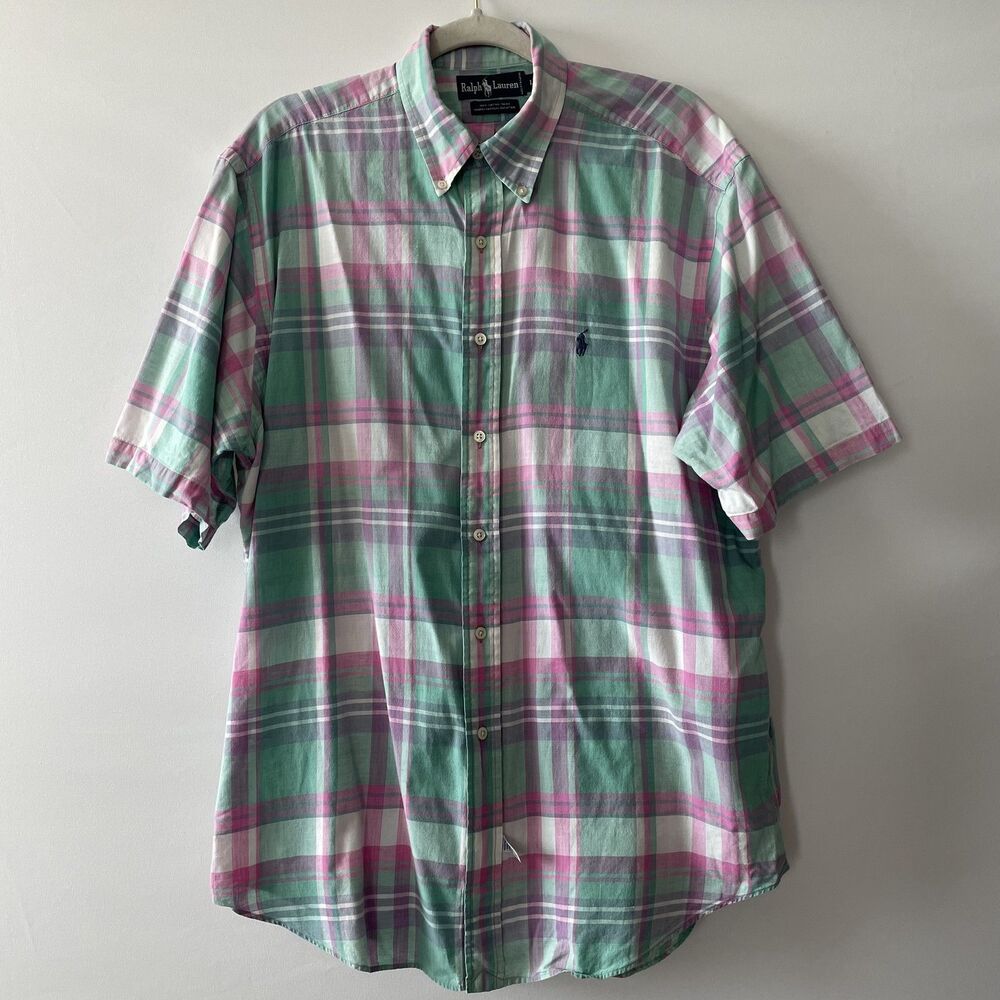Vintage Ralph Lauren Plaid Button-Up Short Sleeve Shirt Green Pink Men's L-dmpv